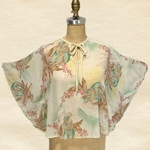 VINTAGE 60s bird feather‎ flower capelet poncho blouse kimono pastel lightweight